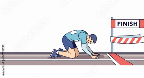 Exhausted Male Runner Collapses at Finish Line After Race.