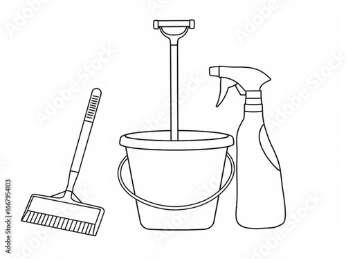 Minimilist illustration of cleaning supplies including a broom bucket and spray bottle in black and white style vector