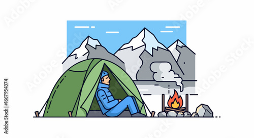Person camping in a tent with a campfire and mountains.