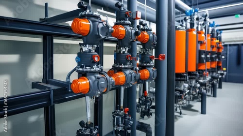 Industrial piping system featuring orange actuators and valves in clean mechanical room with modern equipment, fluid control, automation, and mechanical valve actuator system integration