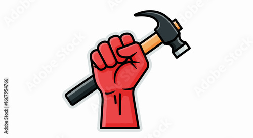 Red Fist Holding Hammer Illustration on White Background.