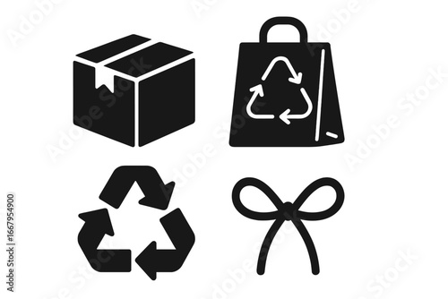 Eco packaging solid icons. Eco-friendly, recyclable cardboard box, paper bag, recycle symbol, twine bow. Sustainable shipping and retail concept. Vector glyph illustration set.