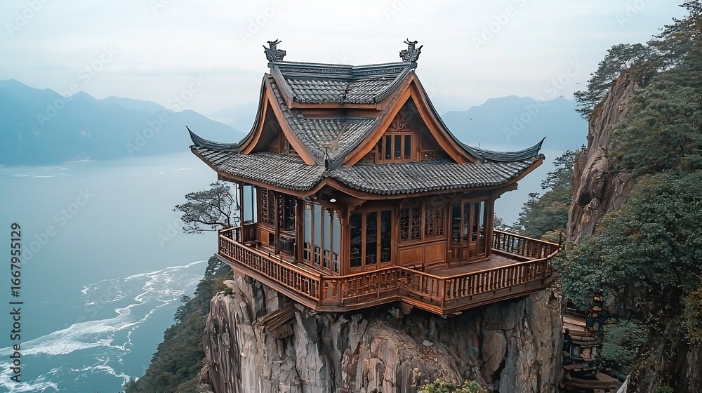 Obraz premium Breathtaking cliffside temple above roaring ocean cinematic spiritual majesty