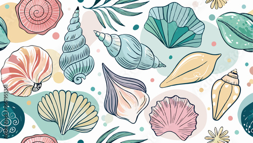 Artistic illustration of various seashells and marine elements in pastel tones, creating a light and tropical ocean theme ideal for backgrounds or prints.