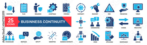 business continuity icon set collection in outline style. an icon pack contain downtime, plan, resilience, acceptable, strategy, continuity 