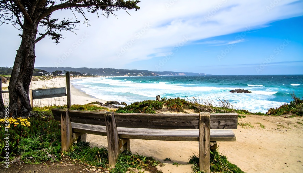 Obraz premium Wooden Bench Overlooking a Scenic Beach with Crashing Ocean Waves.