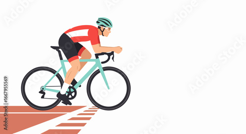 Cyclist racing on a track in a red jersey and helmet.