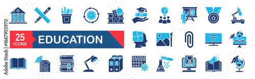 Education and Learning web icons set. Back to school. Containing school, success, university, textbook, learning, academic subjects and more. Simple web icons set