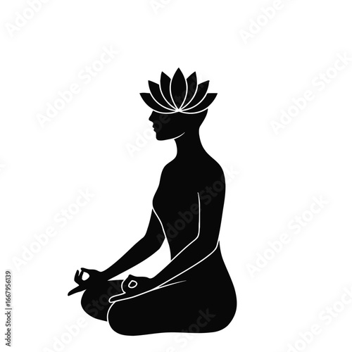 Silhouette of a person in lotus yoga pose with a flower.