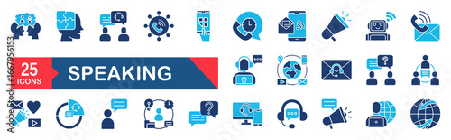 Speaking set of web icons. Communication icons for web and mobile app. Containing people, communication, talking, discussion, speech bubble, team, support and more