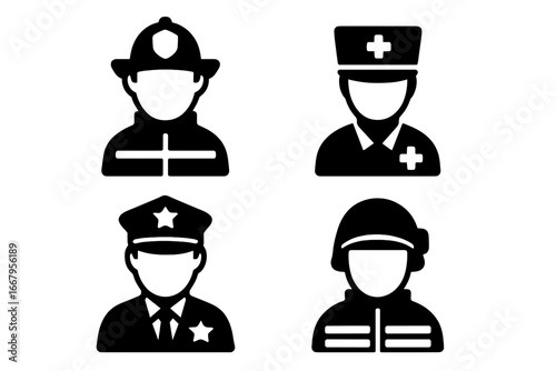 Emergency response team icon set. First responders vector symbols collection. Firefighter, paramedic, police officer, and rescuer pictograms for public safety services design.