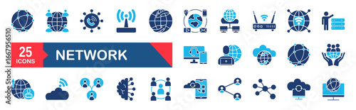 Network Web Icon Set. Collection of Information Technology Linear Icons, Including connection, communication, technology, internet, IT, router, signal, wireless and more. Editable Stroke