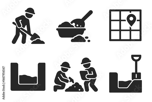 Excavation icon set. Archaeology discovery concept. Digging soil, sifting for artifacts, site grid map, trench. Paleontology research. Solid glyph vector illustration.
