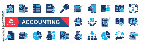 Accounting set of web icons. Accounting and audit icons for web and mobile app. Containing finance report and audit, invoice, tax return, accounting, auditing, inspection and more.