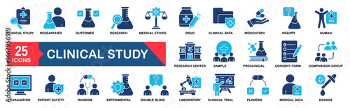 Clinical Study icon set. Research, clinical trial, laboratory, researcher, consent form, medication, experimental, analysis, clinical data and more. vector icons collection.�