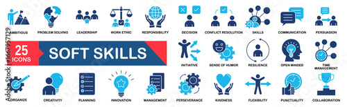 Soft skills icon set. Containing communication, teamwork, empathy, leadership, problem-solving, creativity, time management and work ethics icons.