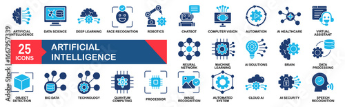 Artificial intelligence icon set. Containing AI, deep learning, robotics, machine learning, data Science, automation, big data and more. icons collection. 