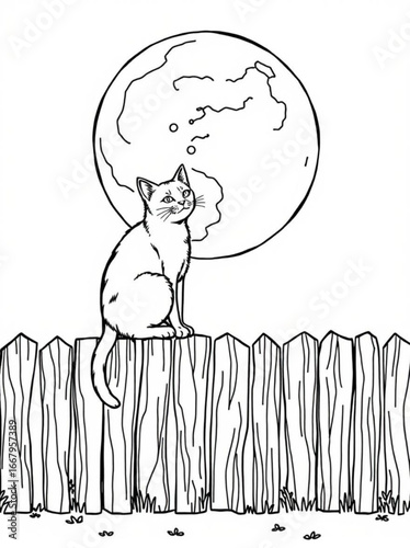Minimilist a cat sits on a wooden fence under a full moon at night in a black and white line drawing style vector