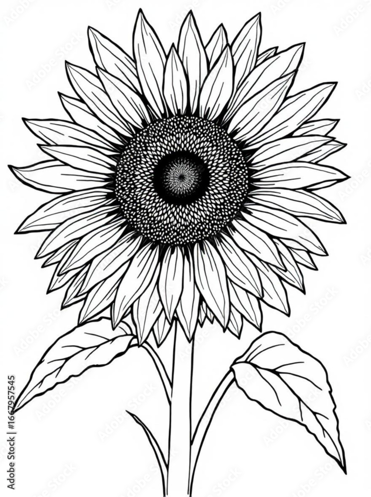 Fototapeta premium Minimilist detailed line art illustration of a sunflower with leaves and stem on a white background display 100 characters vector