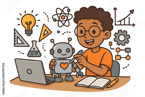 STEM education concept. Boy building robot with laptop. Science, technology, engineering. Kid learning programming. Future innovation and creativity. Robotics for children. Vector.