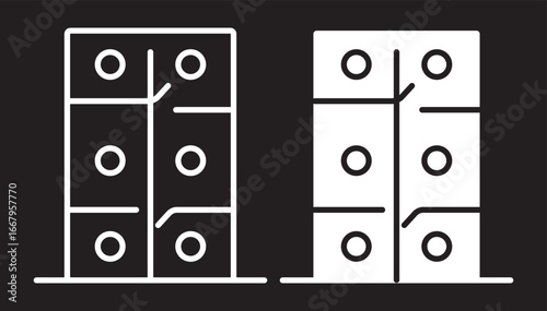 Modern locker cabinet with six compartments, minimalist black outline, geometric design, suitable for office, school
