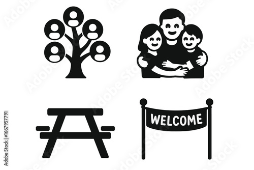 Family reunion solid glyph icon set. Vector collection of family gathering symbols like a family tree, genealogy, group hug, picnic table, and welcome banner illustration.