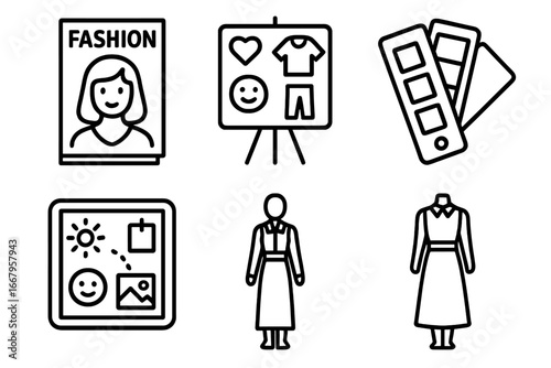Fashion and style advisor outline icon set. Vector collection for personal shopper, stylist services, mood board, color swatch guide, outfit planning, and fashion magazine.
