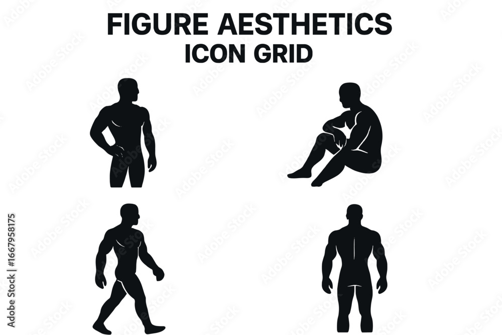 Naklejka premium Man silhouette icon set. Male figure poses vector collection. Muscular body aesthetics for fitness and gym. Standing, sitting, walking man. Anatomy model graphic element.