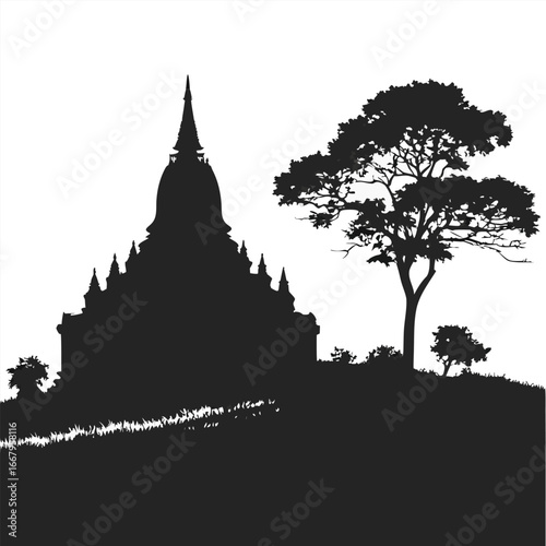 Ancient pagoda on hill silhouette