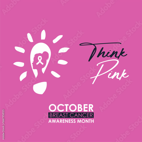 Think Pink - Breast Cancer Awareness Month Campaign Vector Illustration Concept with Lamp Shaped Woman Silhouette and Pink Ribbon. Best for October Breast Cancer Prevention Campaign