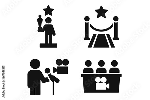 Film festival solid icon set. Movie award ceremony, red carpet event, press interview, and jury panel. Cinema gala, winner trophy, celebrity star, and film premiere concepts.