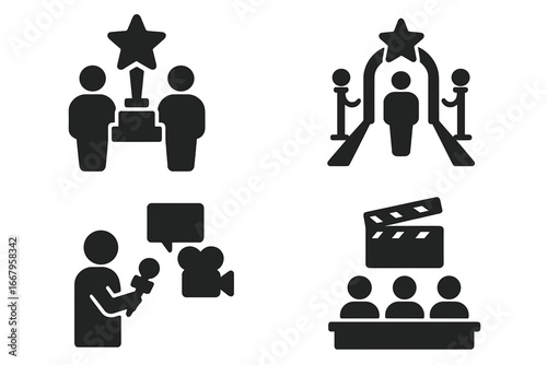 Film festival solid glyph icon set. Cinema event pictograms. Movie award ceremony, red carpet premiere, press interview, celebrity star, media panel, and film screening vector.