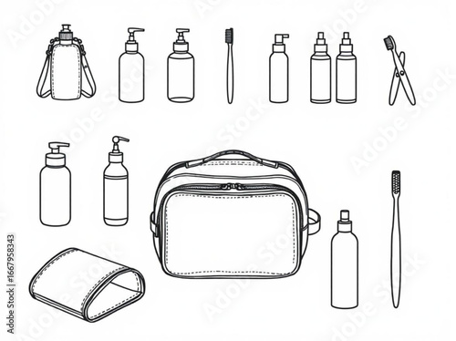 Minimilist outline illustration of a toiletry bag with various toiletries and personal care items displayed around it vector