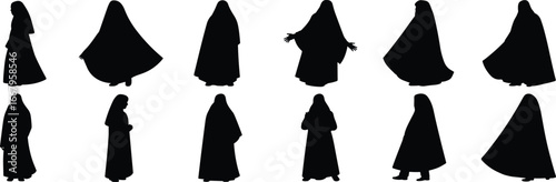 Cultural silhouettes, tpose, standing figure, cultural identity, head covering, traditional wear, garment motion, silhouette diversity, cultural expression, modest style, ethnic silhouette