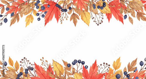 Beautiful fall leaves background border with berries and seasonal elements, perfect for autumn themes