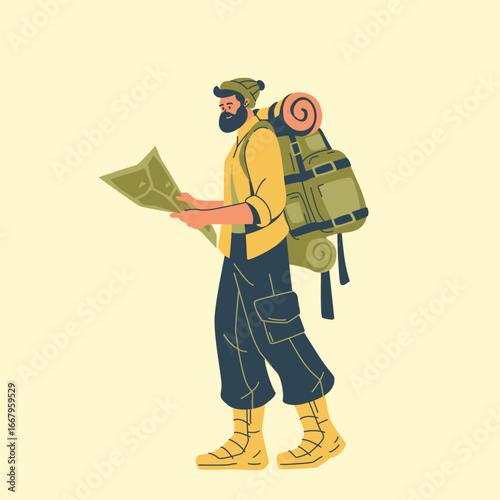 Illustration of an Camping Adventure Man Hiking holding maps