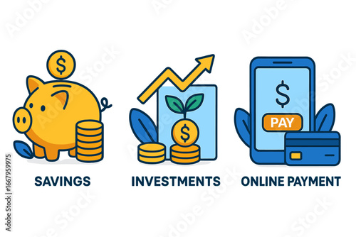 Finance concept icons. Savings piggy bank, investment growth graph, online mobile payment. Financial technology, banking, money management. Cartoon vector illustration asset set.
