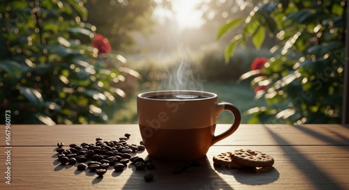 Quiet morning coffee: a hot cup of coffee with vapor from it, placed on a wooden table next to a window overlooking a green garden in the early morning. The lighting is natural and soft, with a focus 