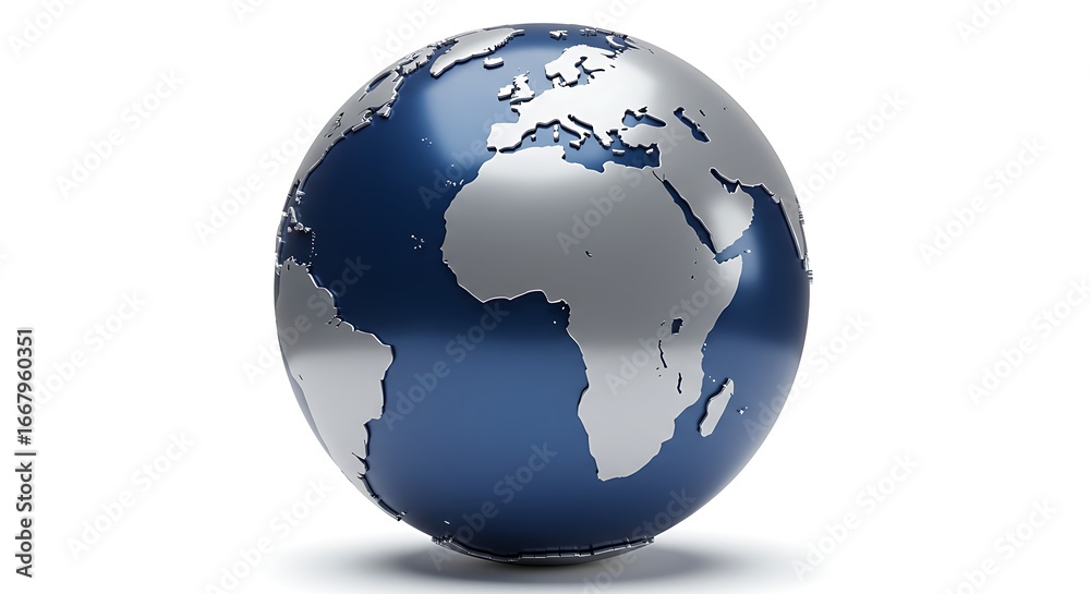 Fototapeta premium Detailed 3D Earth Globe Model with Silver-Gray Continents and Blue Oceans