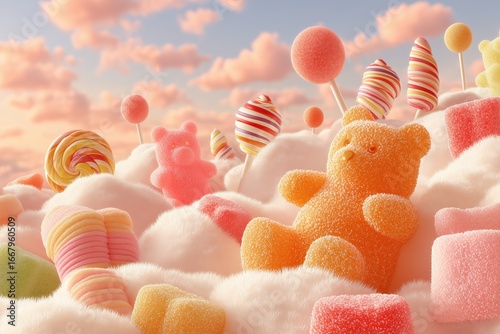 Colorful gummy bears and candy land with fluffy clouds and swirl lollipops in dreamy landscape