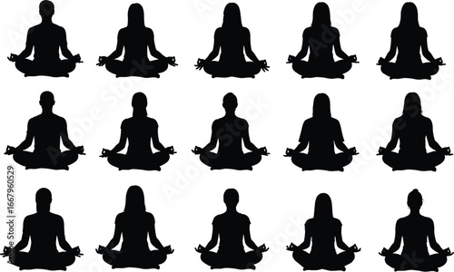 Meditation silhouettes, yoga pose, mindfulness practice, diverse people, spiritual calm calm focus, meditative state