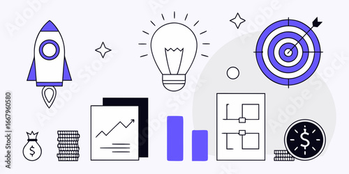 Modern startup illustration, rocket launch, lightbulb idea, business target, and money growth for innovative businesses, financial planning, and achieving success, originally vector graphics