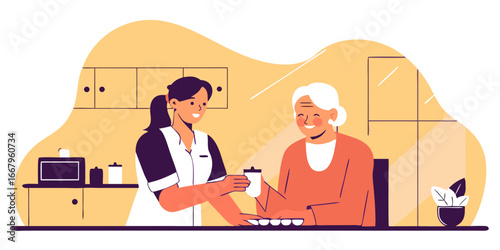 Kind caregiver offering warm drink to senior woman at home, showing compassion, empathy, and quality care, home healthcare, elderly support, companionship, and assistance