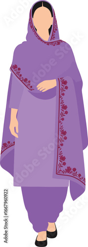 Minimal Flat Punjabi Woman in Purple Salwar Kameez with Dupatta Isolated on White Background