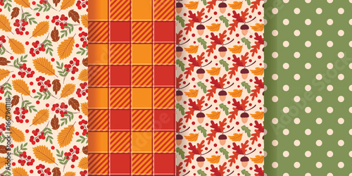 Set of cozy autumn seamless patterns. Fall backgrounds with acorns, rowan berries, leaves, checkered and dotted. Collection of prints with autumn mood for textiles, paper, packaging and fabrics