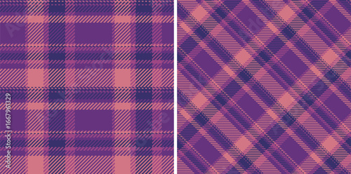 Two seamless tartan patterns, one orthogonal and one diagonal. Purple hues create a modern yet classic aesthetic. Use for fabric, backgrounds, or wrapping.