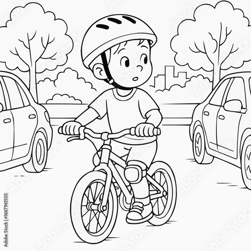Coloring page for kids - Young boy riding bicycle in parking lot with cars and trees -outline, clean lines, no shading, vector on white   