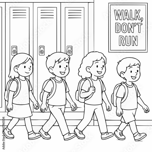 Coloring page for kids - Four school children walking in hallway with lockers and sign - outline, clean lines, no shading, vector on white   