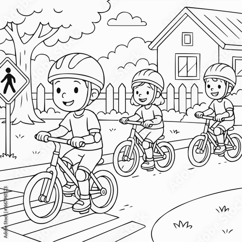 Coloring page for kids - Three children riding bicycles happily on a street near a house - outline, clean lines, no shading, vector on white  