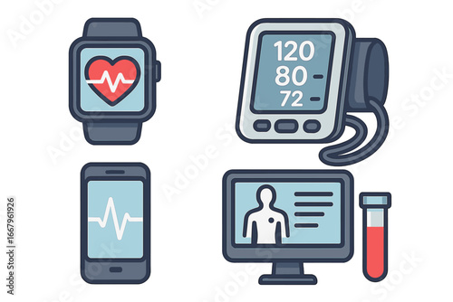 Health technology icon set for vital signs monitoring. Digital health care illustration with smartwatch, blood pressure monitor, EKG app and patient medical data analysis vector.